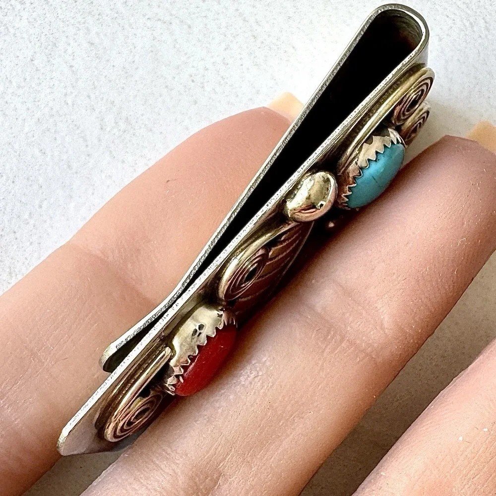 Navajo Natural Turquoise Coral Money Clip Silver 2in Mens Gift Handmade Arviso
